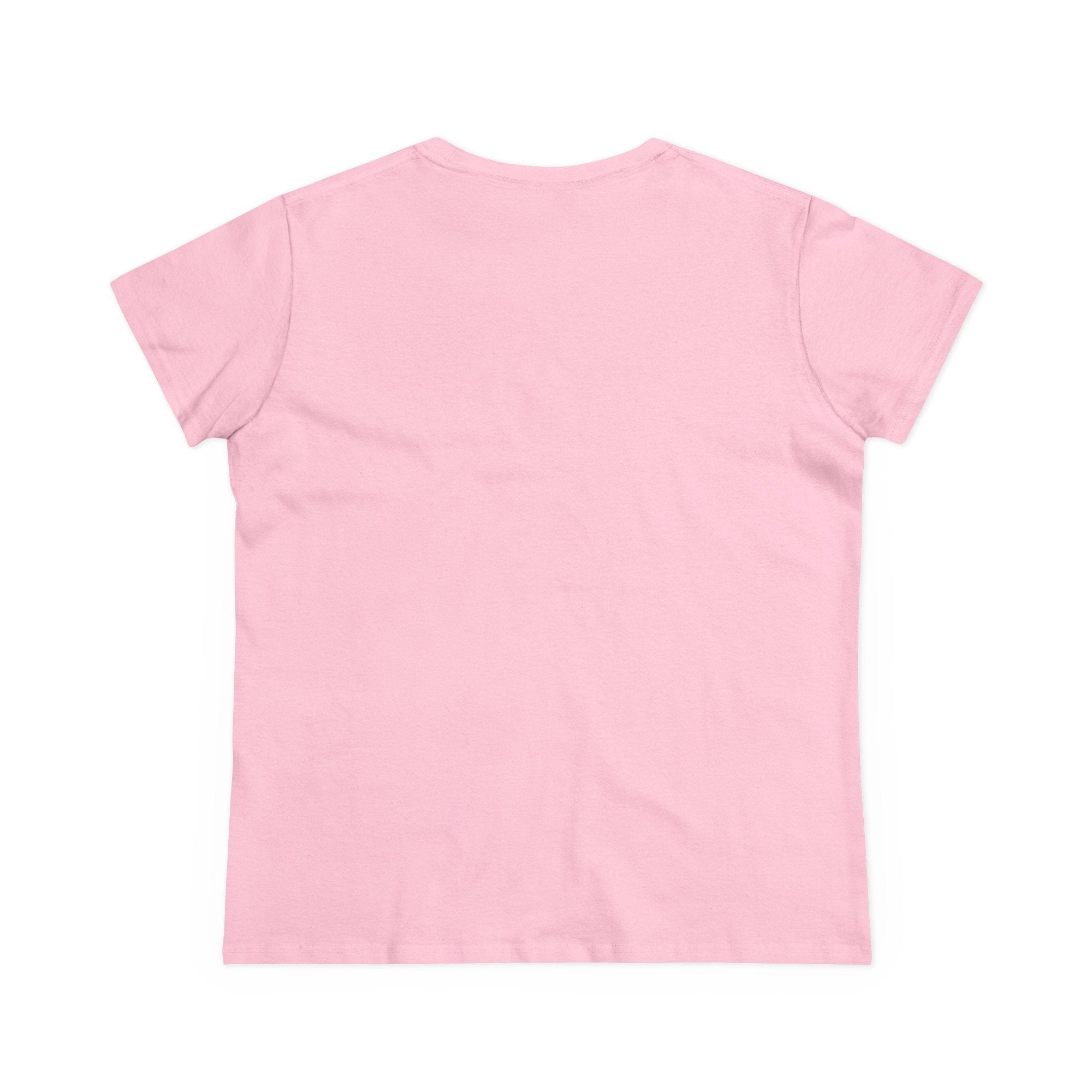 Pink women's midweight cotton tee, back view, inspirational Proverbs 31:25 apparel.