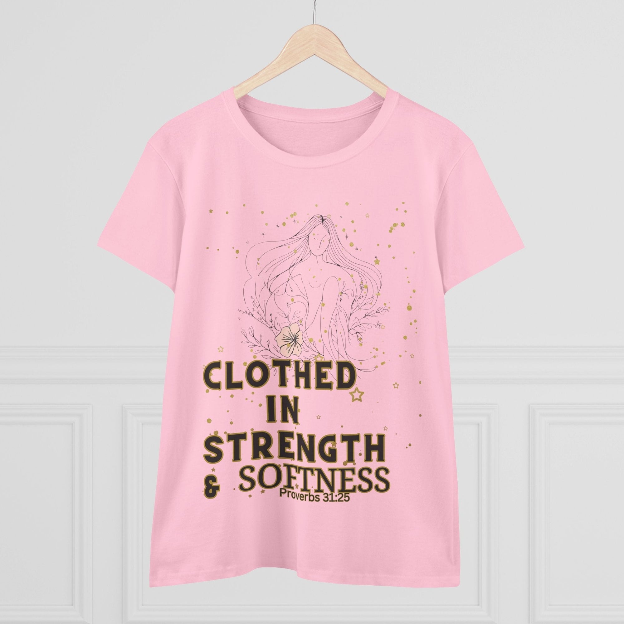 Women's pink shirt with "Clothed in Strength & Softness" design, Proverbs 31:25 motif, inspirational apparel.