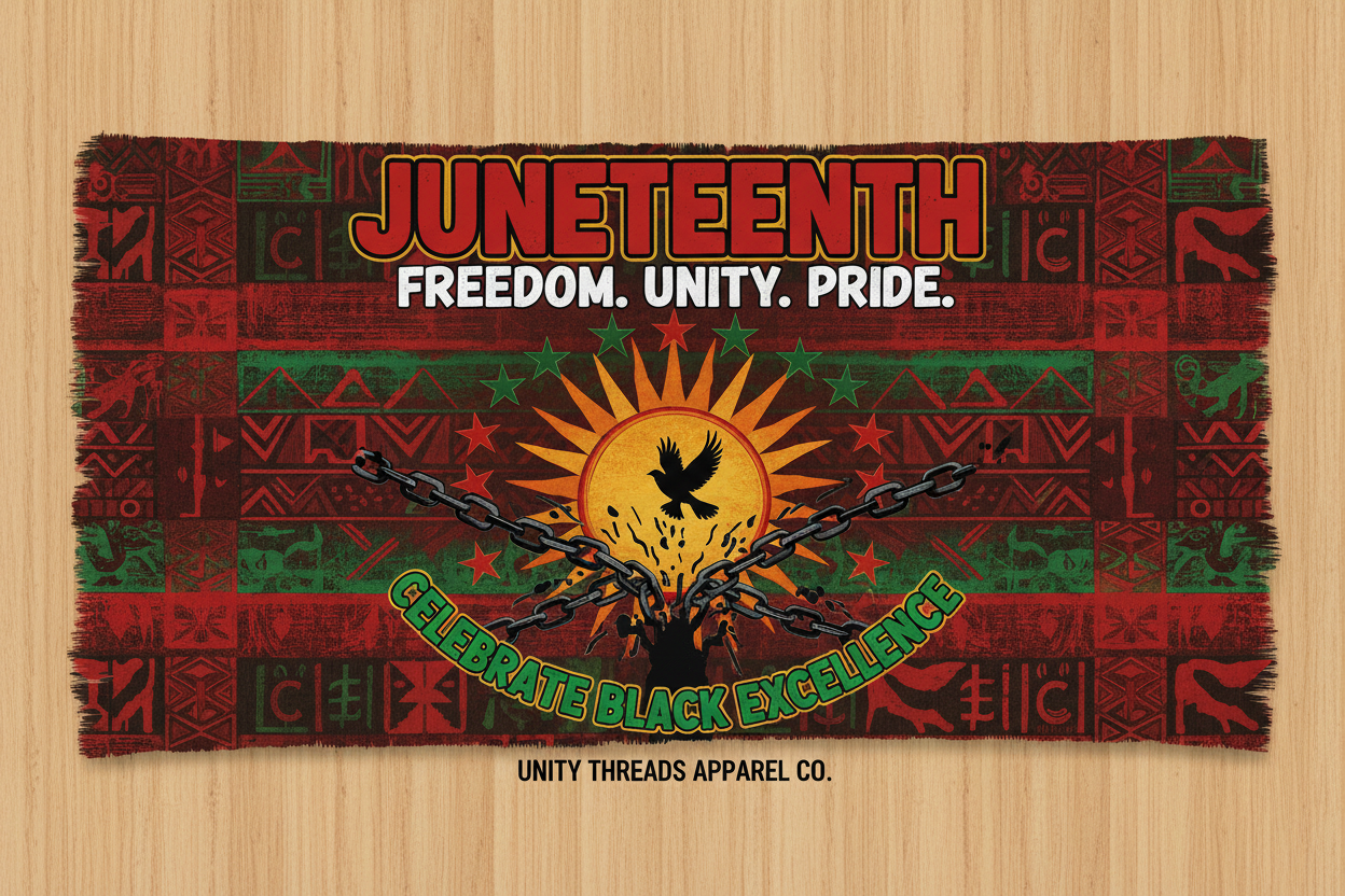 Juneteenth Collection t-shirts in red, black, and green celebrating freedom, pride, and Black excellence