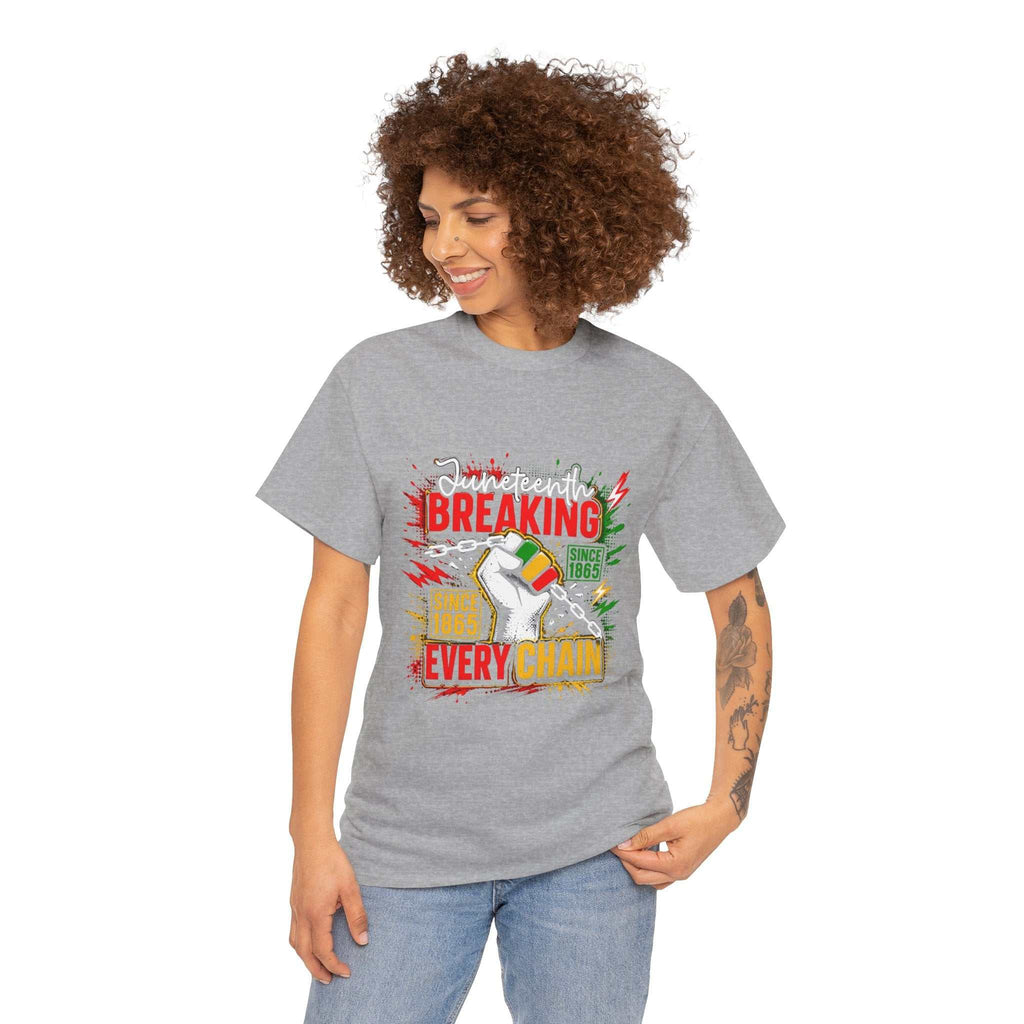 Breaking Every Chain Tee with raised fist and Pan-African colors on natural cotton shirt