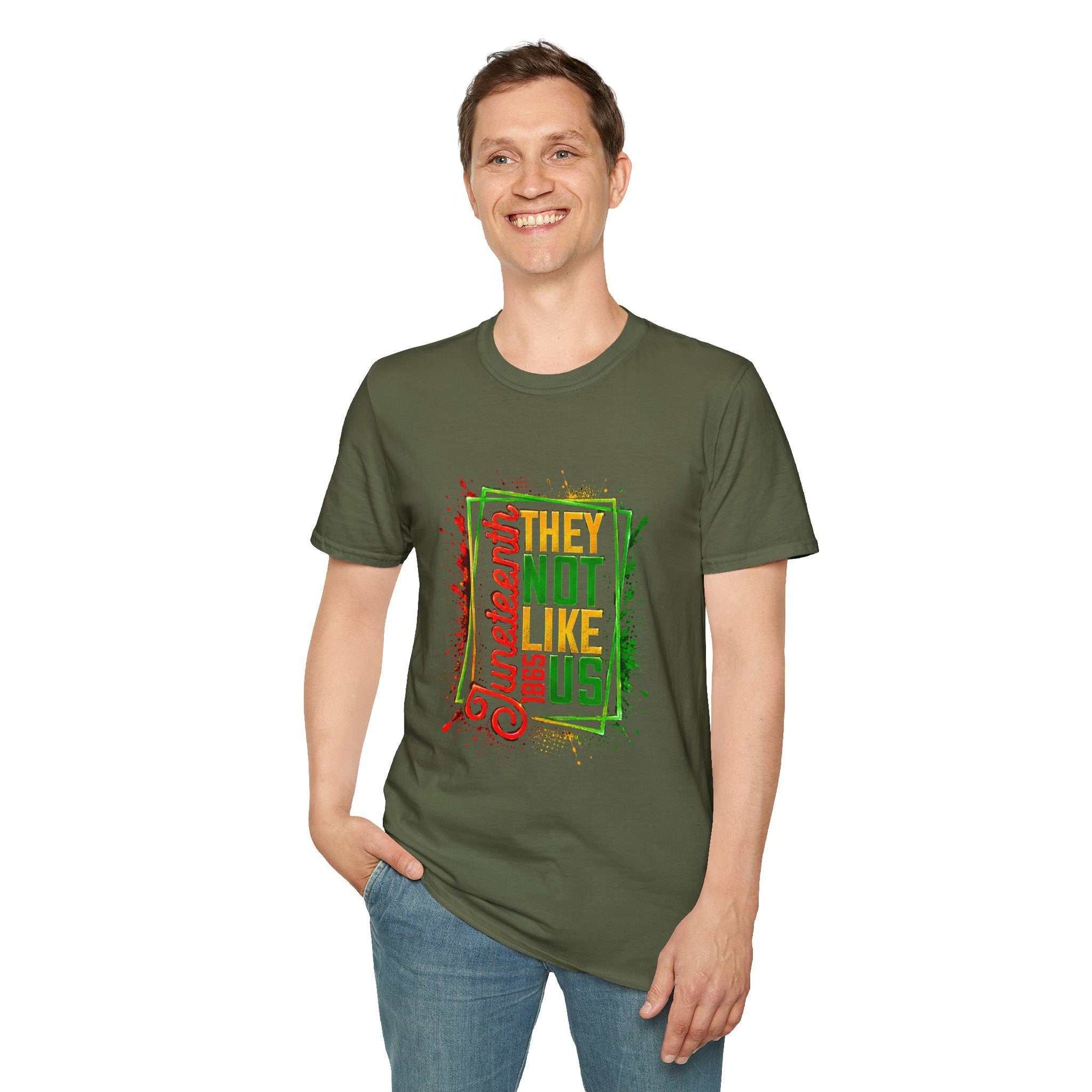 Juneteenth They Not Like Us T-shirt with bold colorful typography on soft breathable cotton