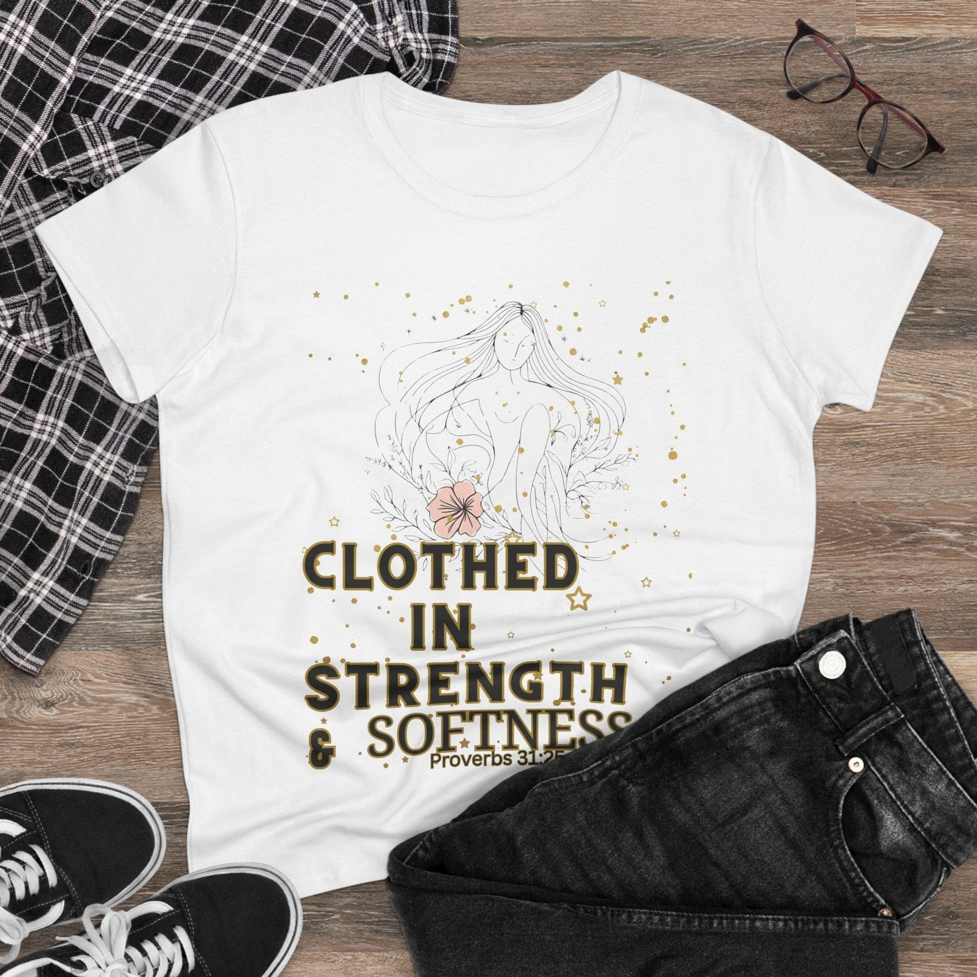 Inspirational women's shirt with "Clothed in Strength & Softness" design, Proverbs 31:25 quote, on a white tee, ideal for casual or motivational wear.