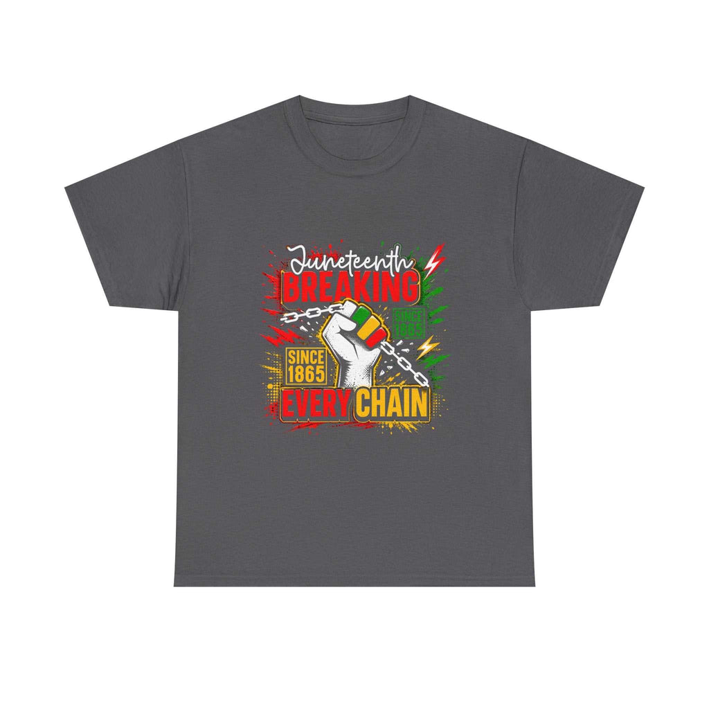 Breaking Every Chain Tee with raised fist and Pan-African colors red, green, gold on natural cotton shirt
