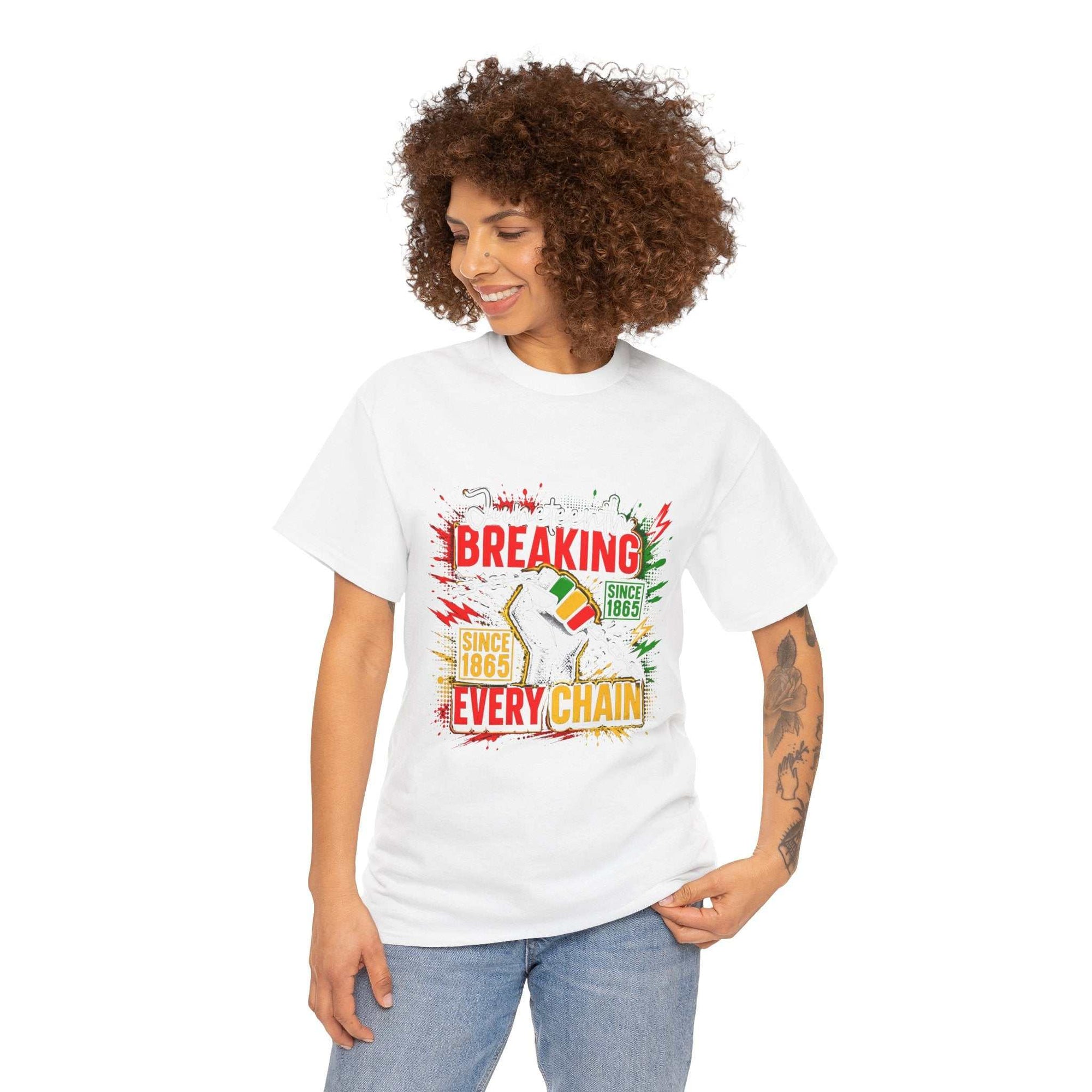 Breaking Every Chain Tee with raised fist breaking chain design in Pan-African colors and "Since 1865" text on natural cotton shirt