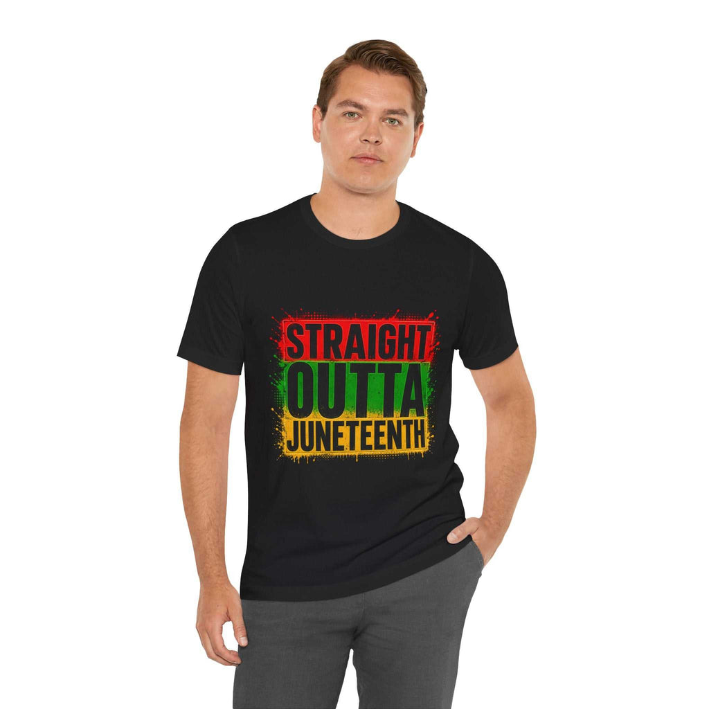 Black Straight Outta Juneteenth t-shirt with Pan-African colors for Juneteenth celebration