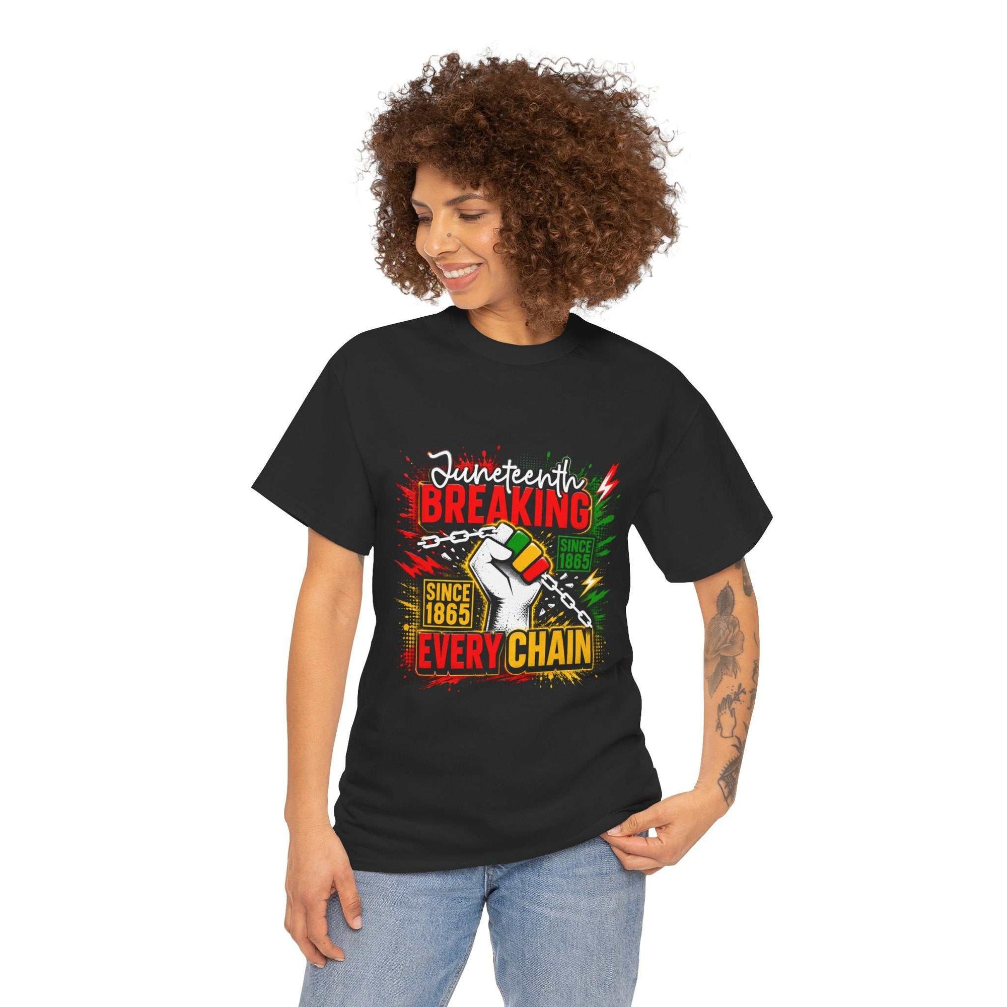 Breaking Every Chain Tee with raised fist and Pan-African colors on natural cotton shirt