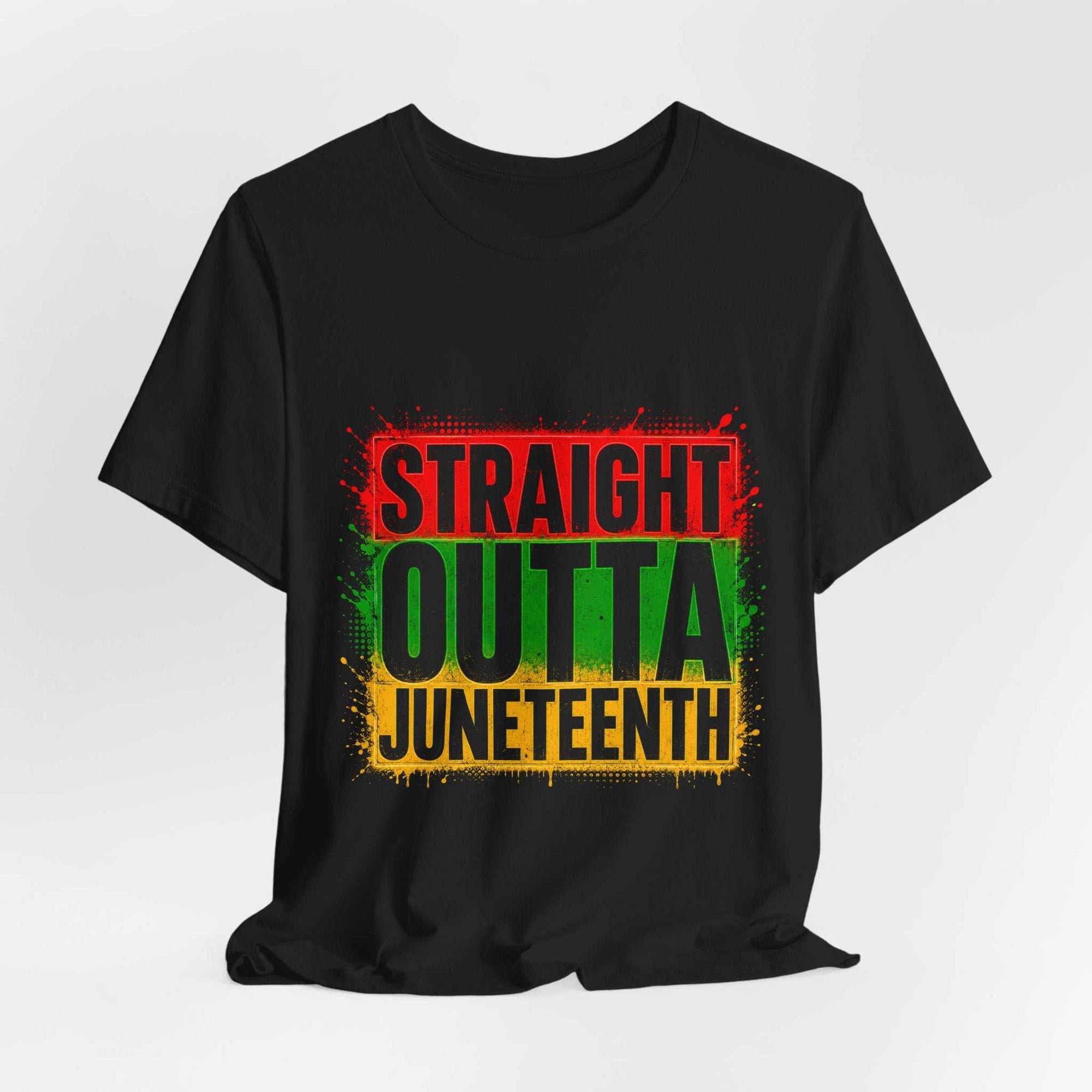 Black Straight Outta Juneteenth T-shirt with Pan-African colors and bold distressed block design