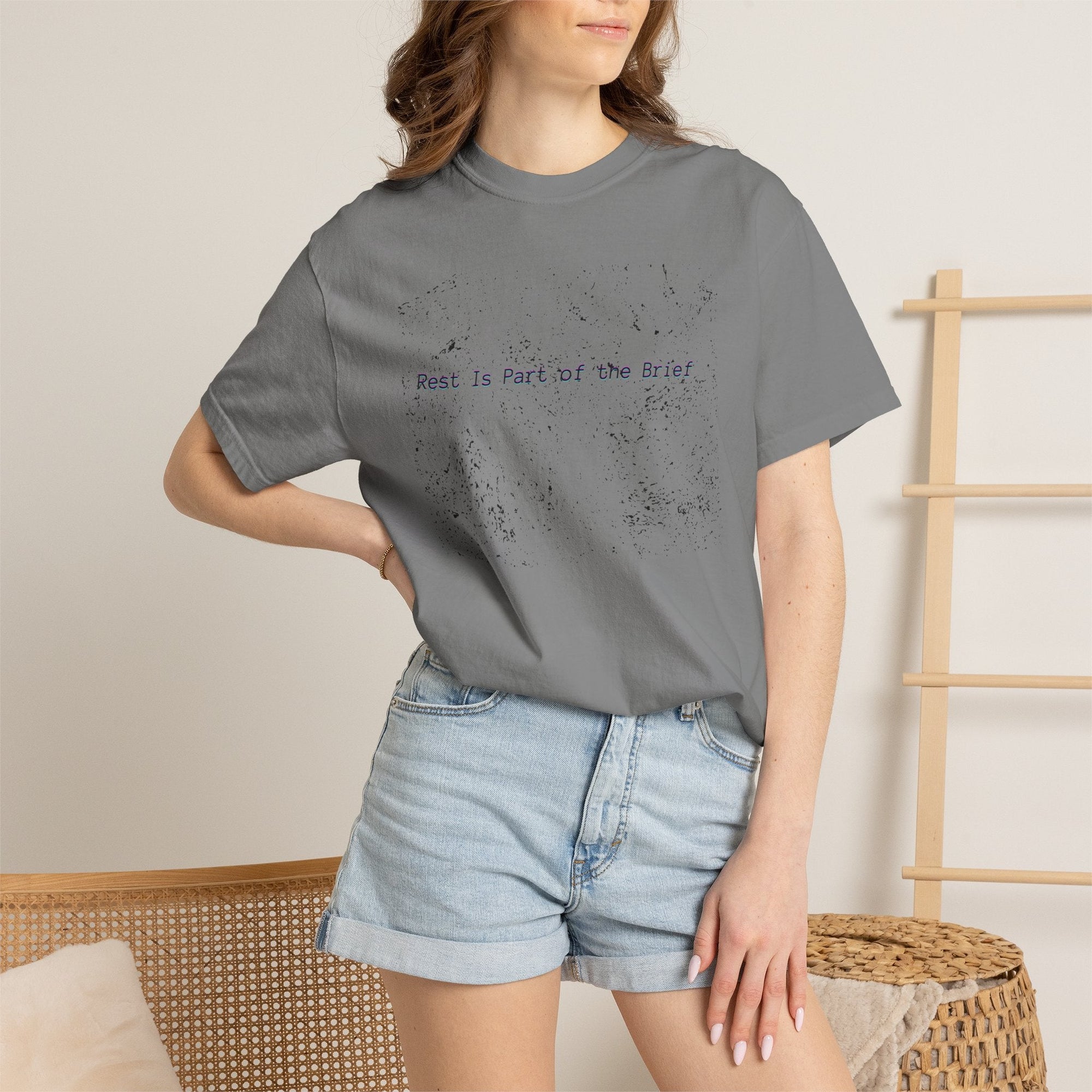 Rest Is Part of the Brief graphic tee in muted color, relaxed fit cotton shirt promoting slow living and comfort