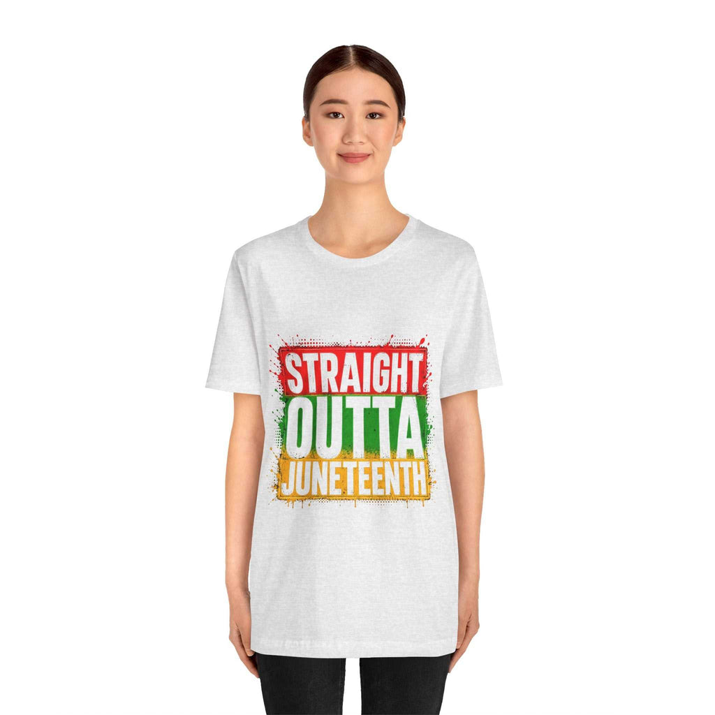 Black straight outta Juneteenth t-shirt with Pan-African colors design celebrating Juneteenth and Black history.