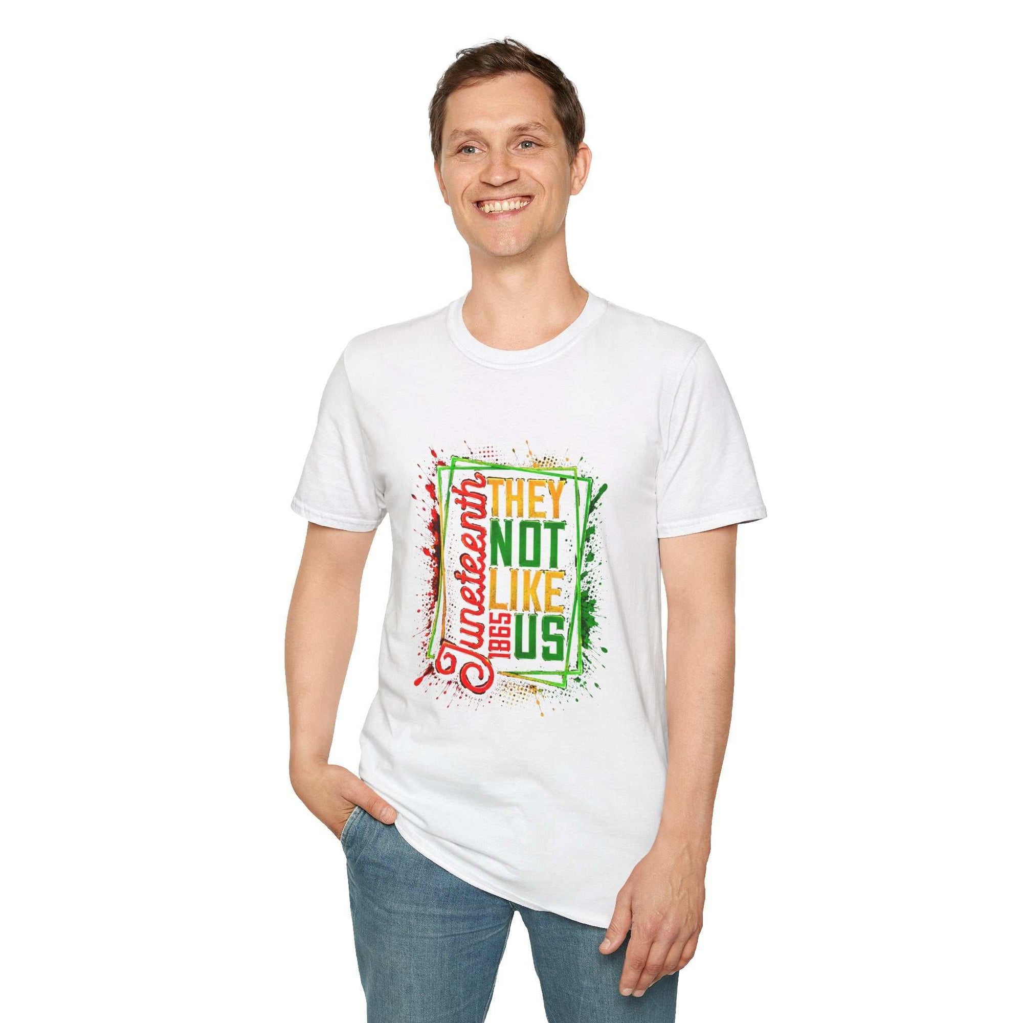 Juneteenth They Not Like Us colorful typography t-shirt in soft breathable cotton with bold graphic design