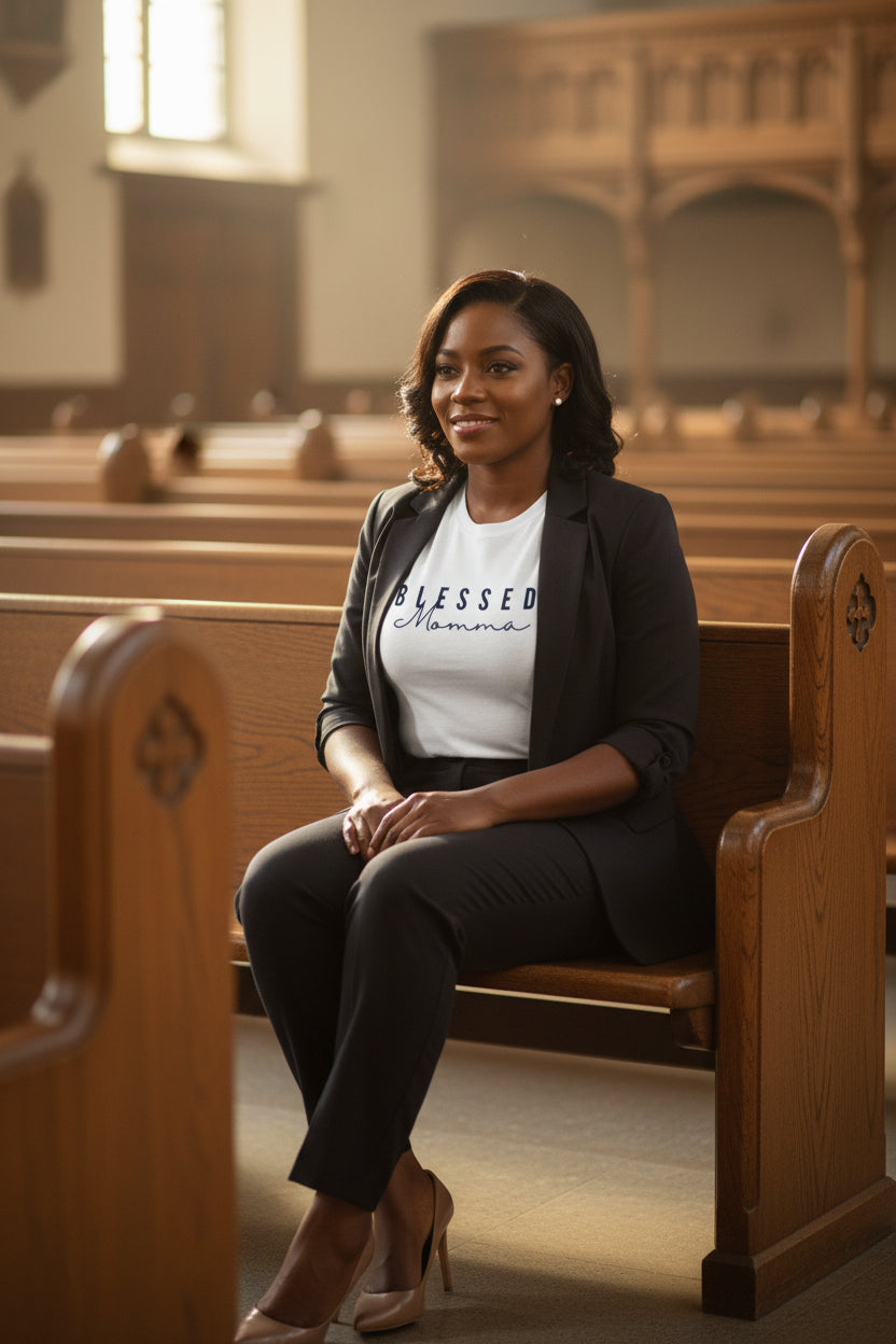 White unisex tee with bold text reading Blessed Momma in serif and script font