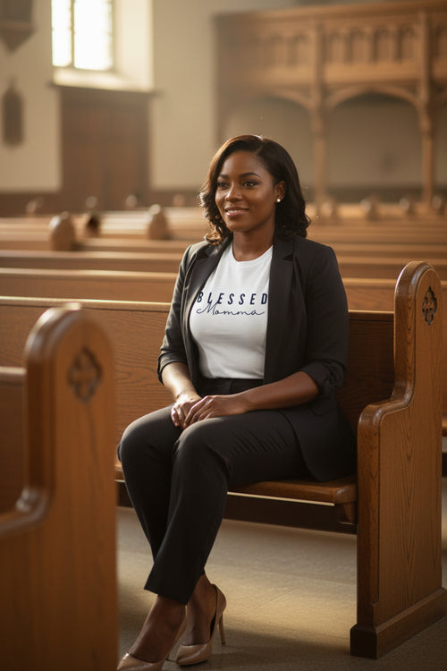 White unisex tee with bold text reading Blessed Momma in serif and script font