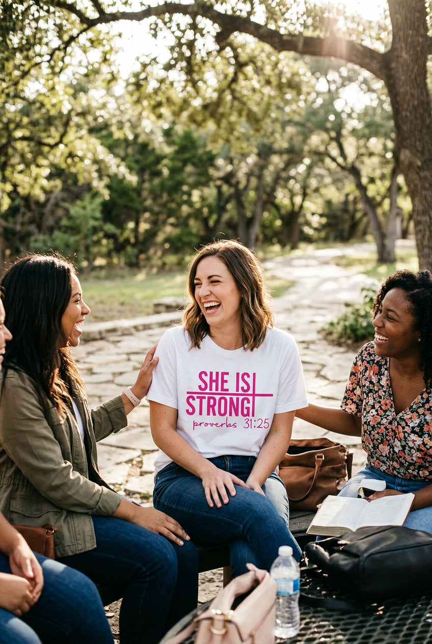 T-shirt with a white cotton body and bold pink “She Is Strong” lettering, cross, and Proverbs 31:25 print.