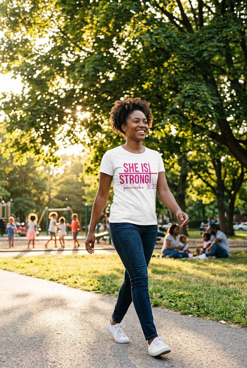 T-shirt with “She Is Strong” text and scripture in pink print on a white cotton tee, worn with dark jeans