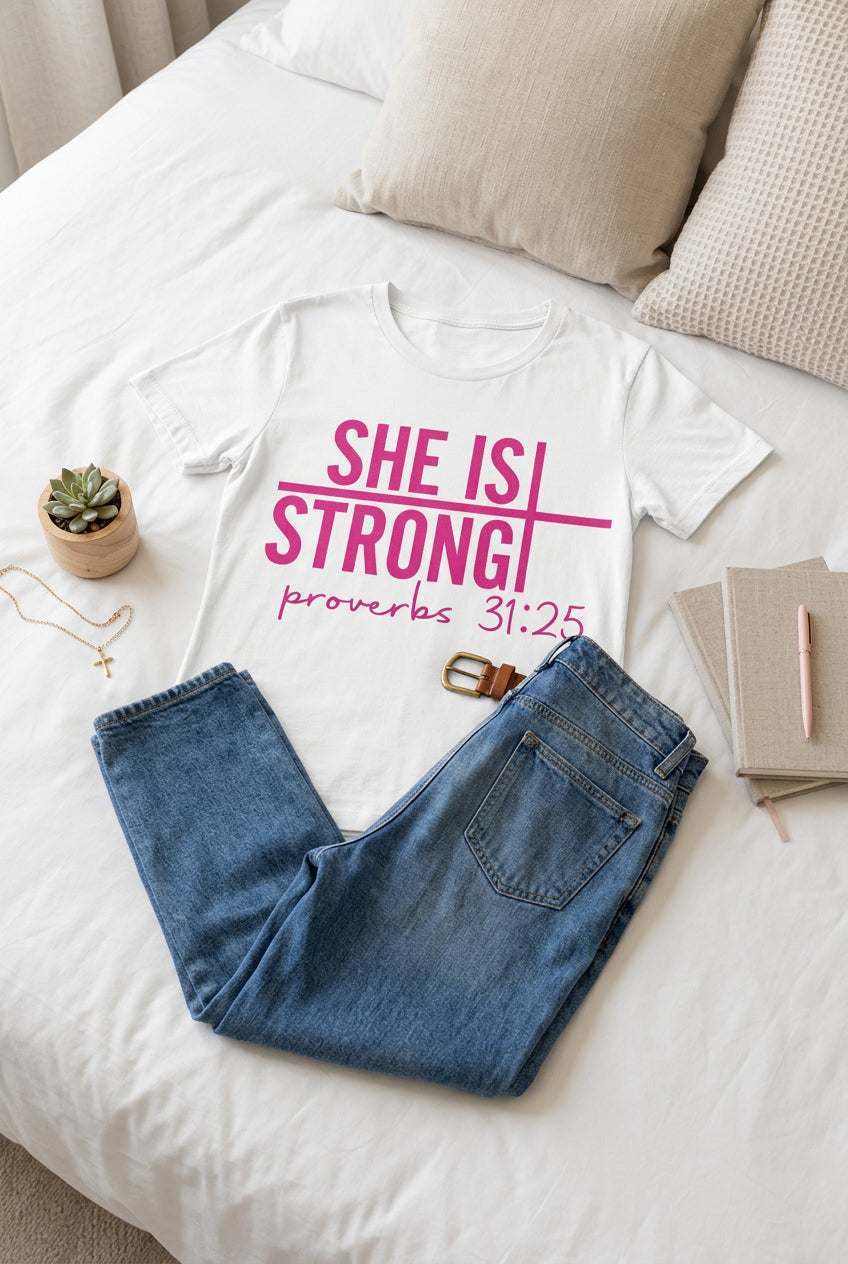 She Is Strong white cotton tee with bold pink lettering, Proverbs 31:25 text, and a cross design.