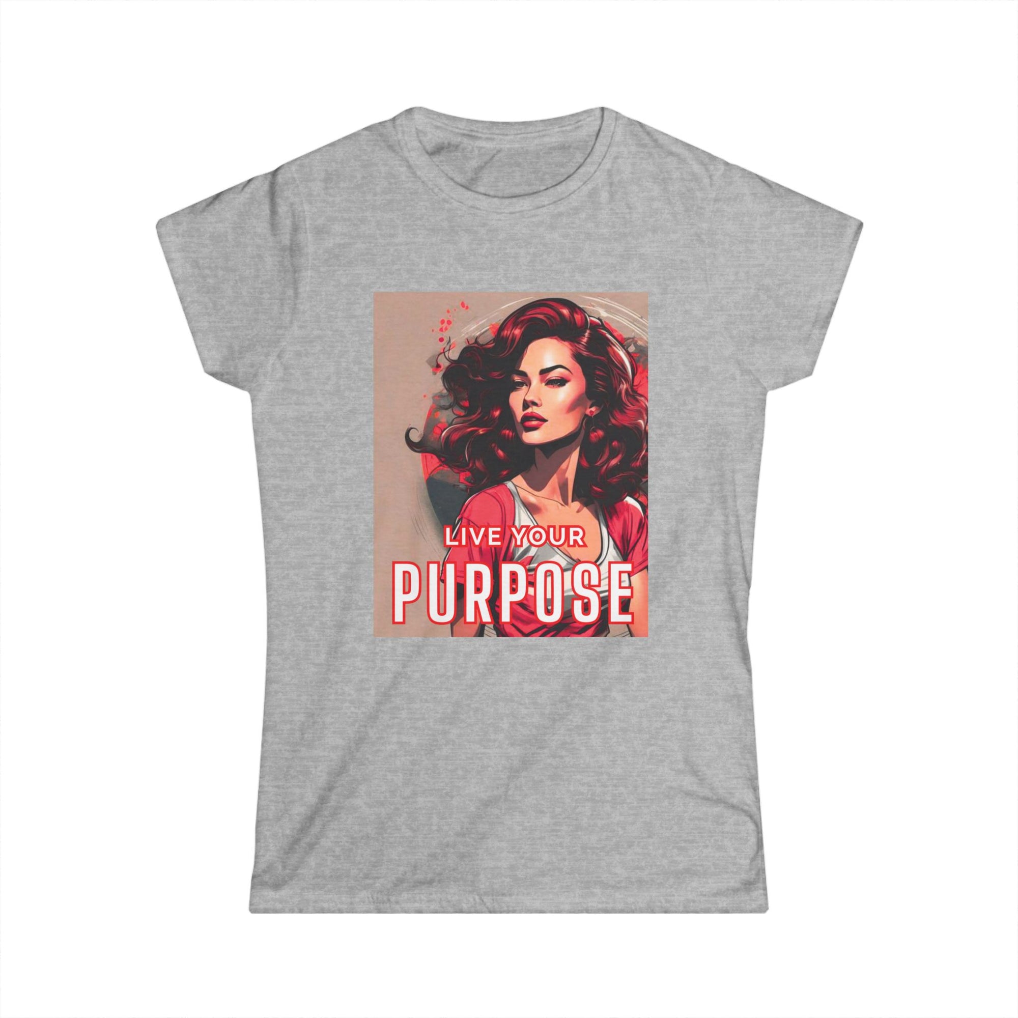 A heather gray short-sleeve t-shirt with a graphic print on the front featuring a stylized illustration of a woman with red hair and the text 'LIVE YOUR PURPOSE'.