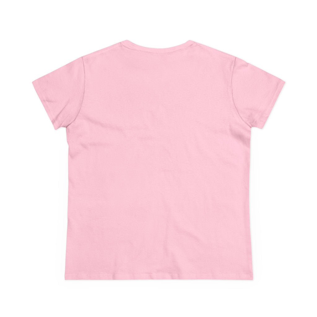 Pink women's midweight cotton tee, back view, inspirational Proverbs 31:25 apparel.
