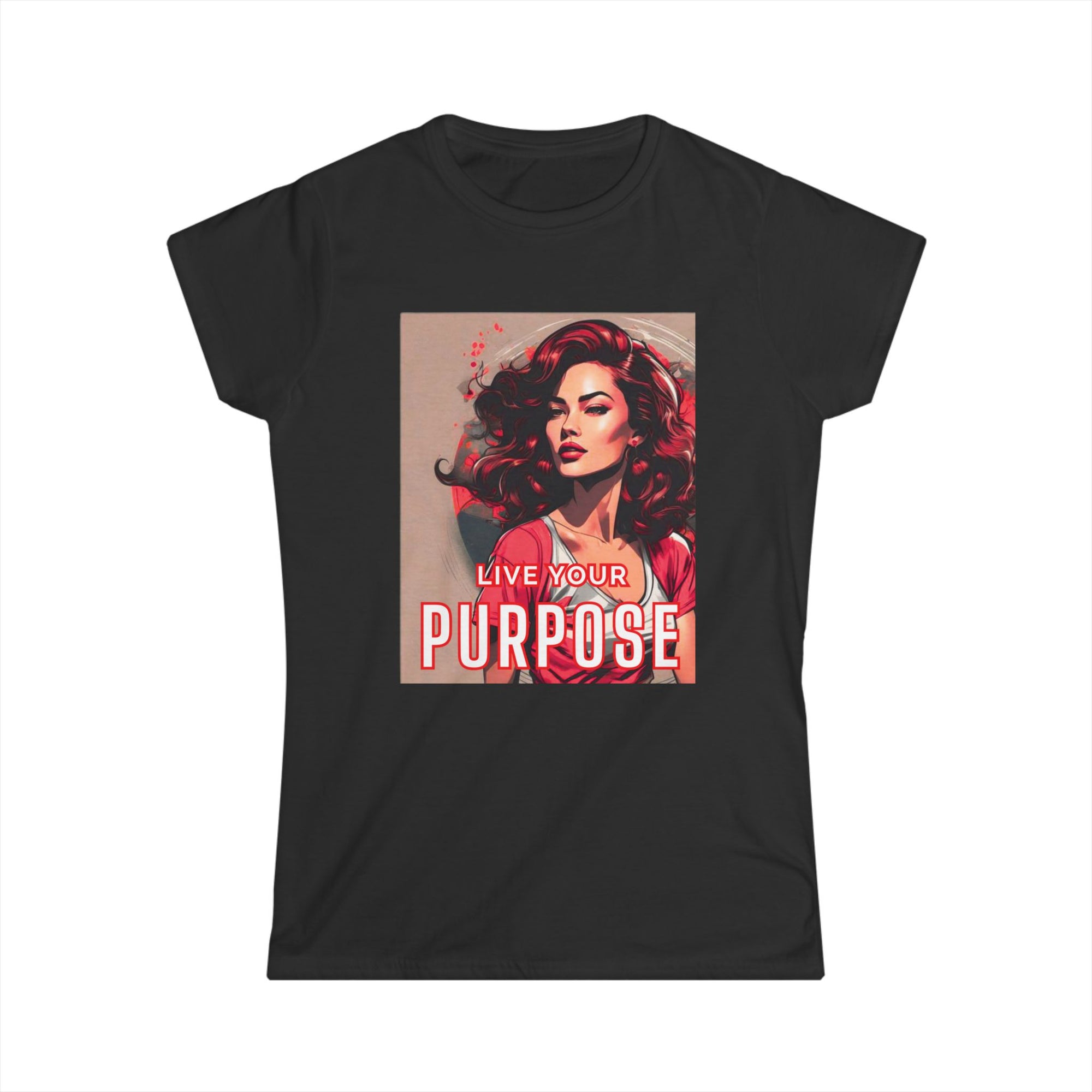A black women's short-sleeve t-shirt with a graphic print on the front. The graphic features a retro-style illustration of a woman with red hair and the text 'LIVE YOUR PURPOSE' in white and red.