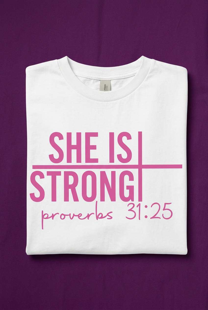 White cotton T-shirt with bold pink “She Is Strong” lettering, a cross, and Proverbs 31:25 scripture reference.