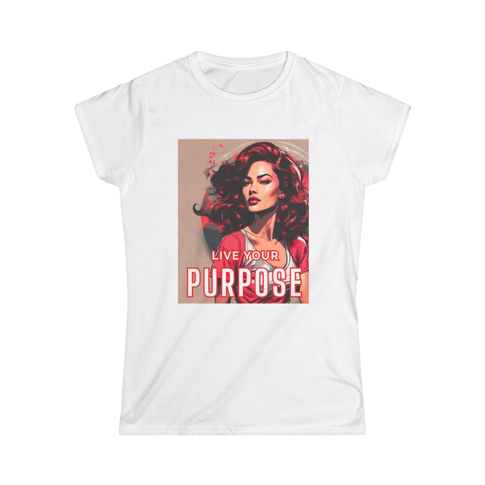 A white short-sleeve crewneck t-shirt featuring a rectangular graphic print on the front. The graphic shows a stylized illustration of a woman with red hair and the text 'LIVE YOUR PURPOSE' in red and white.