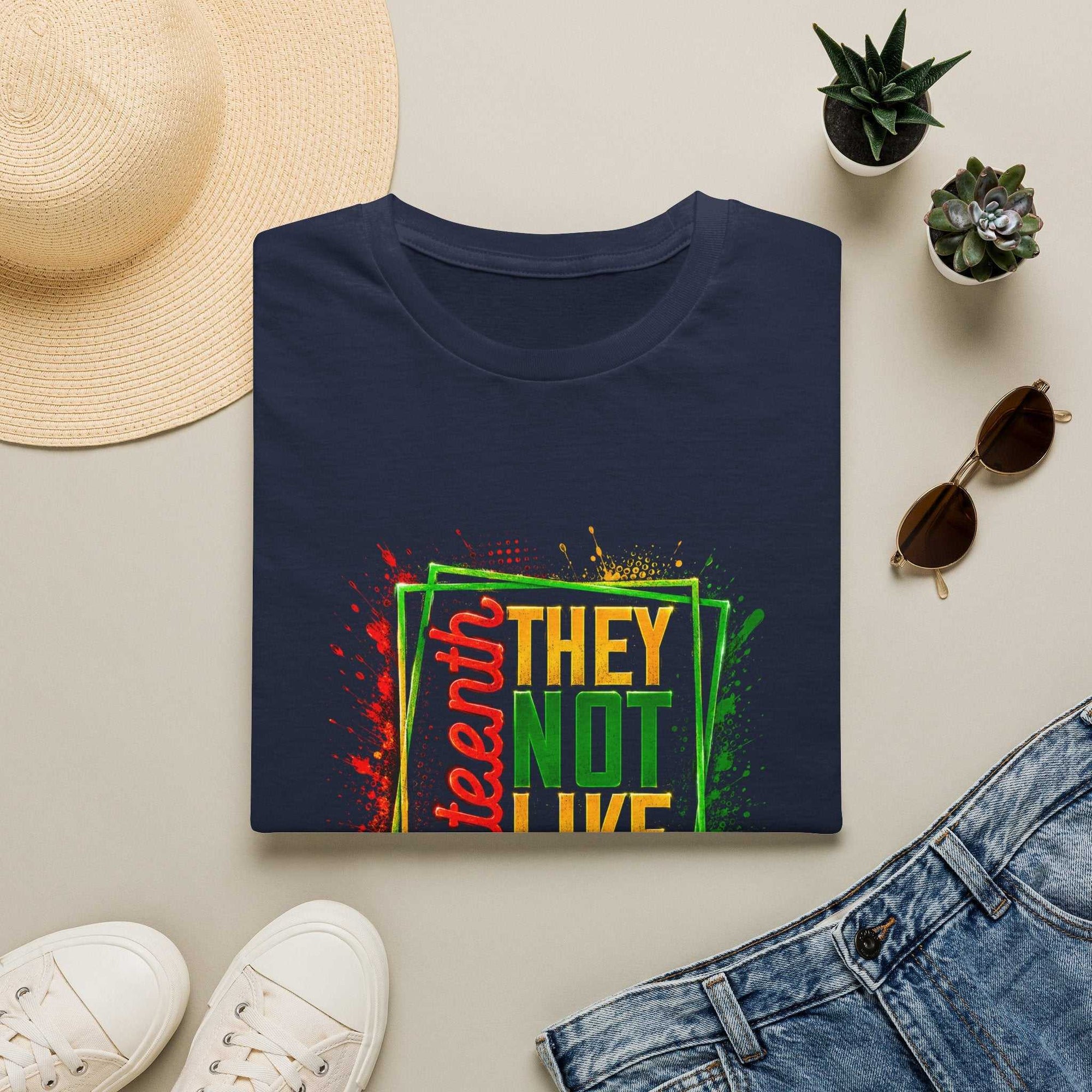 Juneteenth They Not Like Us bold colorful typography t-shirt on soft breathable cotton