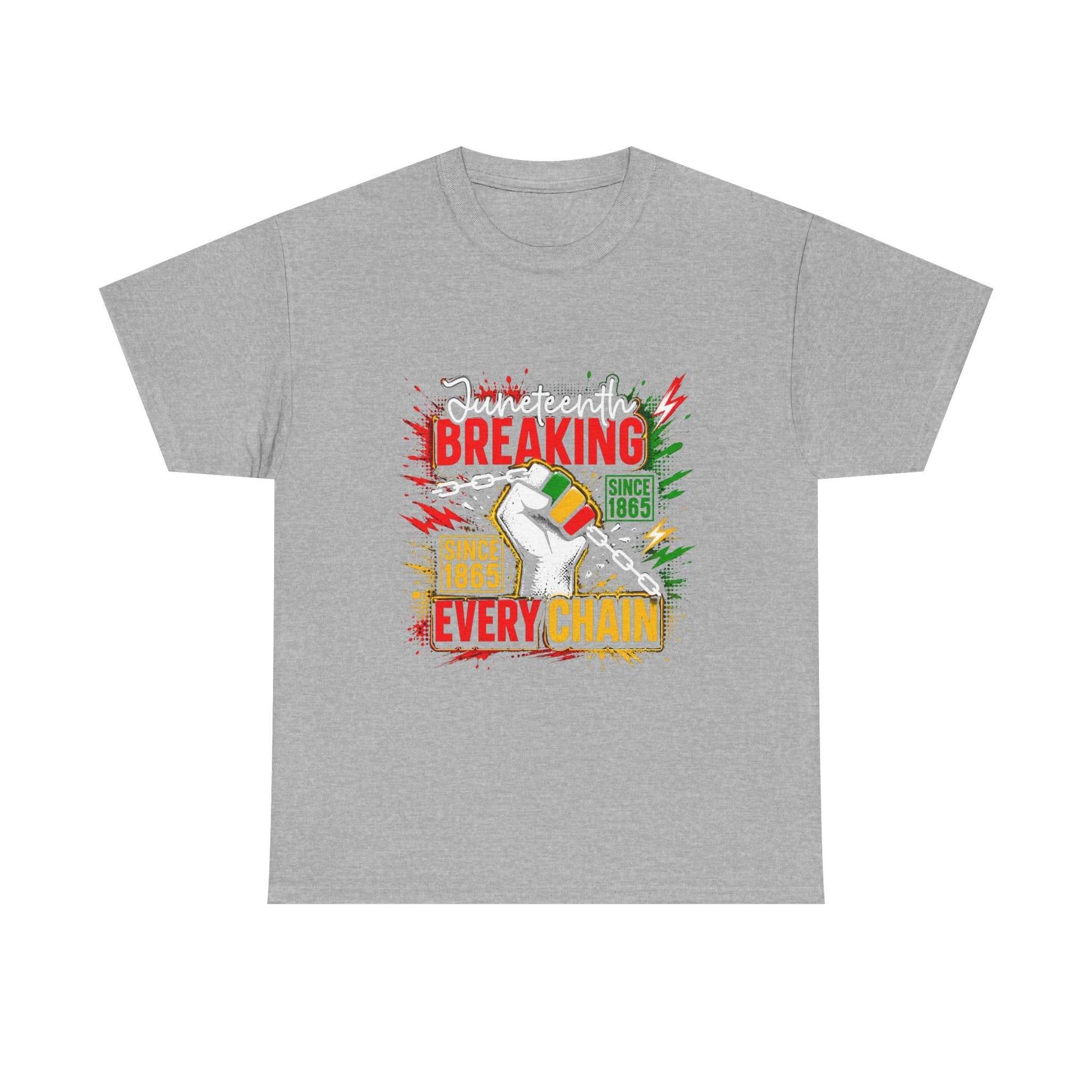 Breaking Every Chain Tee with raised fist and breaking chain design in Pan-African colors, 100% cotton, ethical and comfortable shirt for activism and heritage events