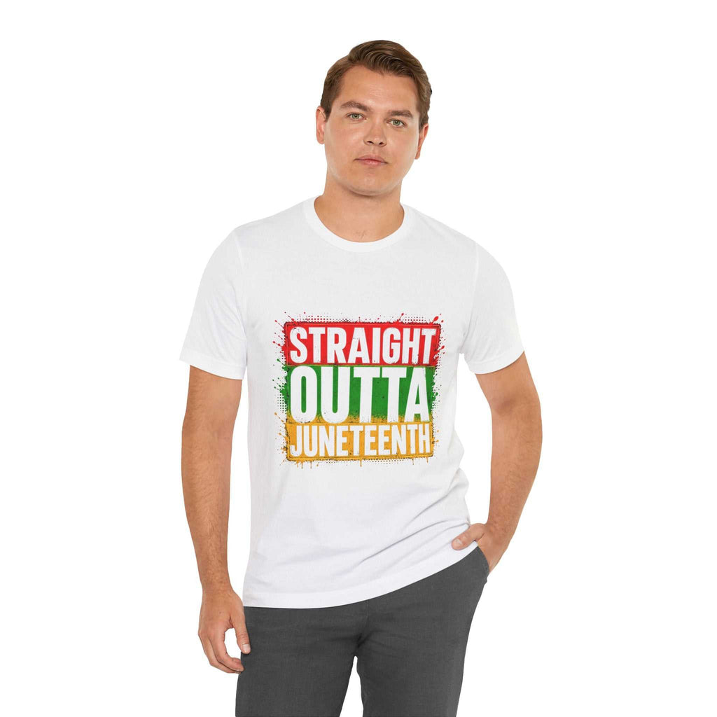 Black Straight Outta Juneteenth T-shirt with Pan-African colors for Juneteenth celebration