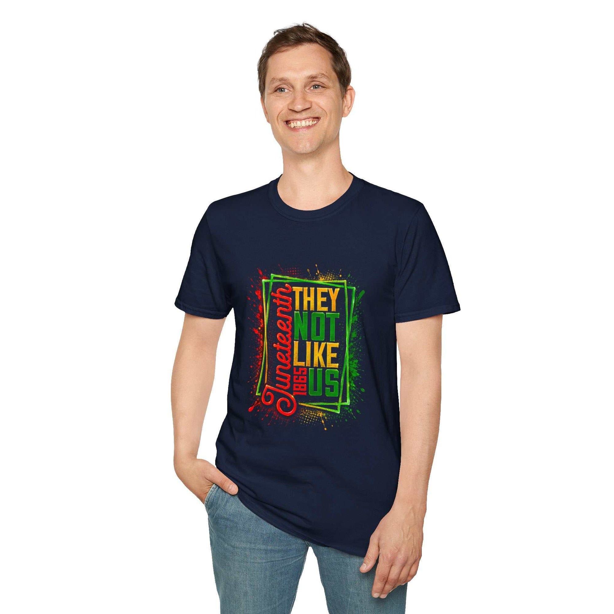 Juneteenth They Not Like Us colorful typography t-shirt on soft ring-spun cotton