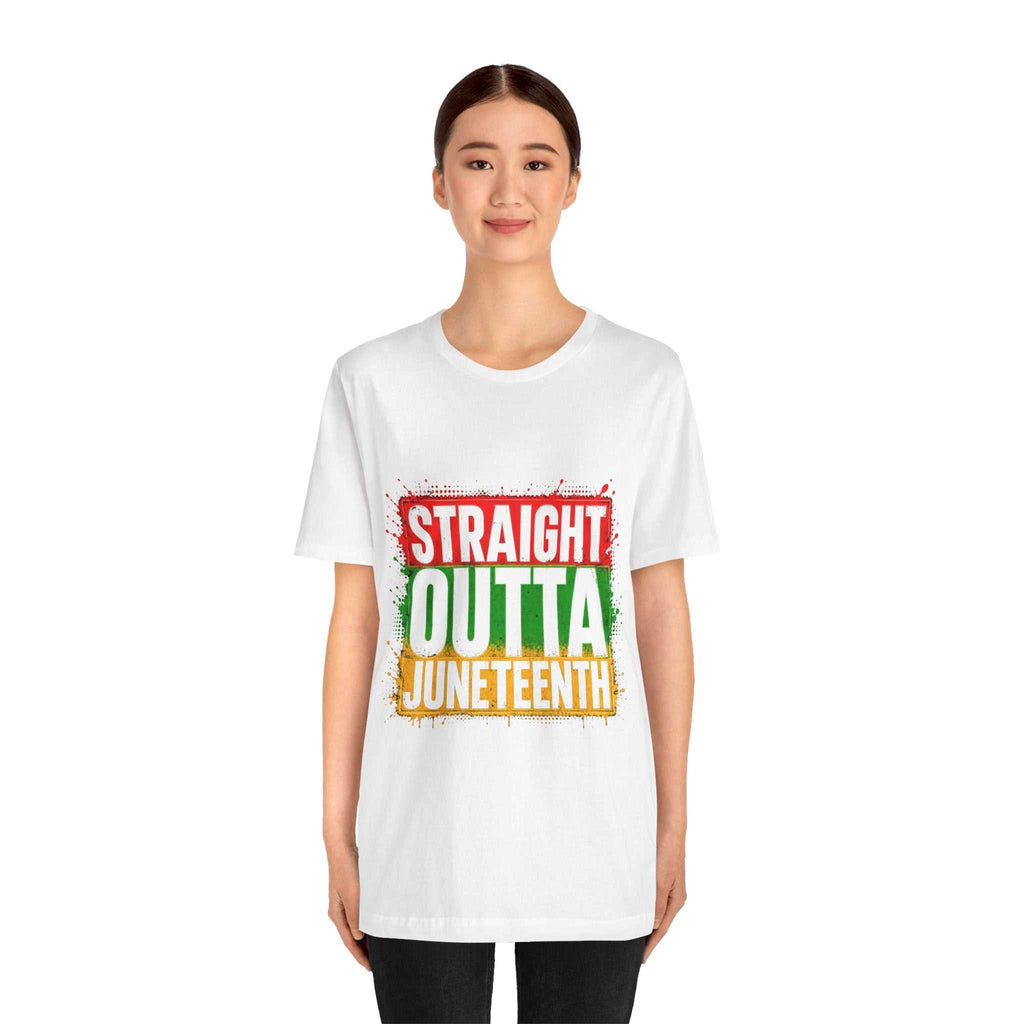 Black "Straight Outta Juneteenth" T-shirt with Pan-African colors celebrating Juneteenth and Black history