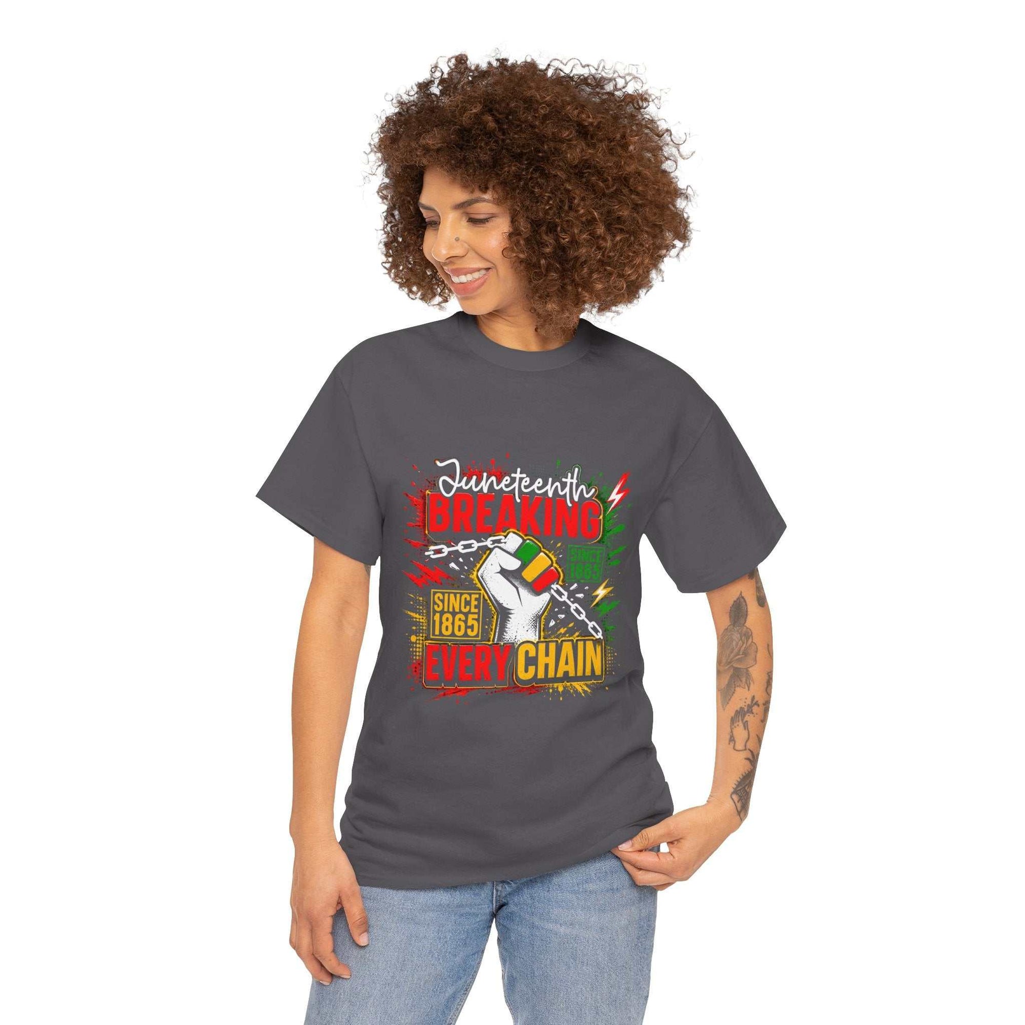 Breaking Every Chain Tee featuring raised fist and Pan-African colors with "Since 1865" text on medium-weight cotton shirt