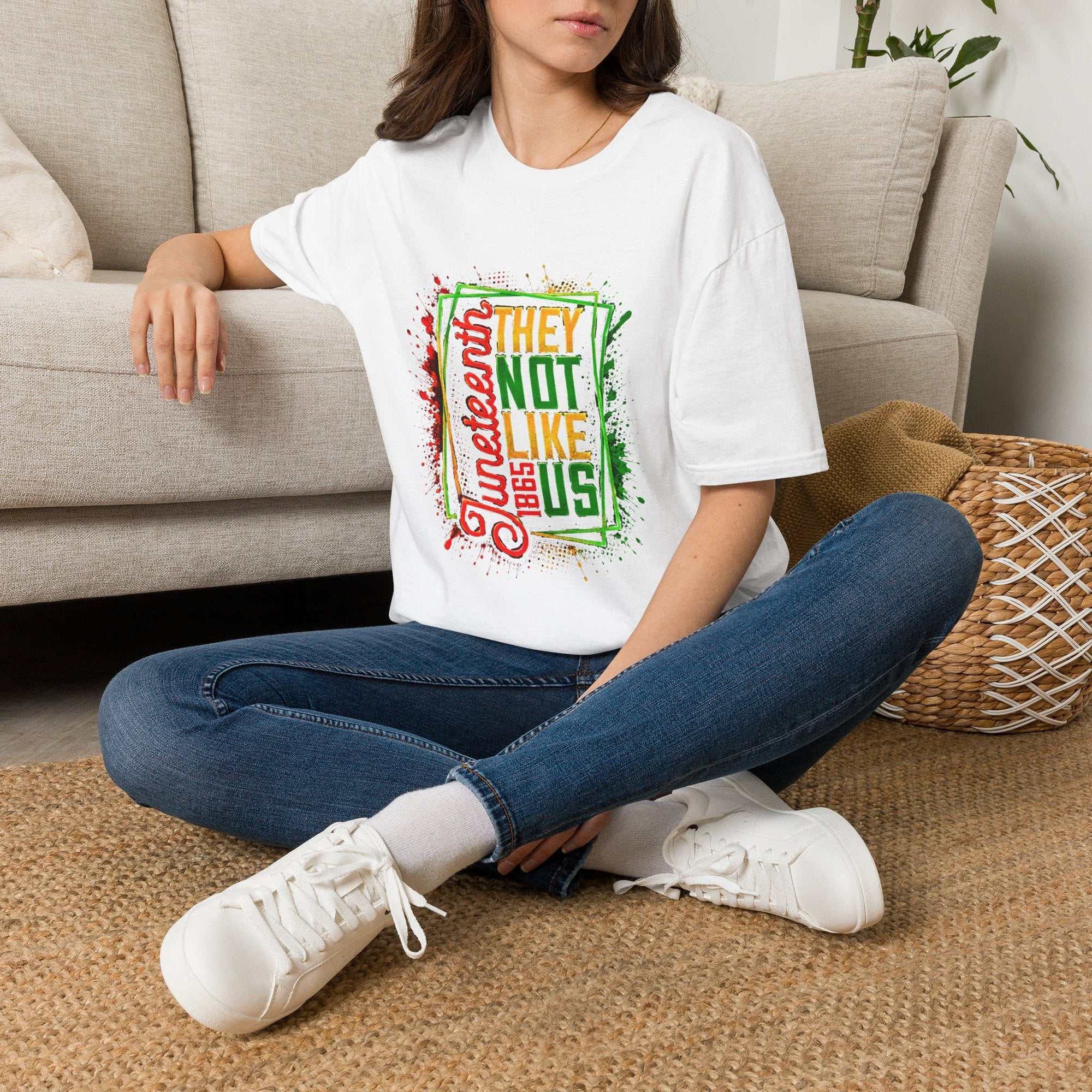 Juneteenth They Not Like Us colorful typography t-shirt on soft breathable cotton