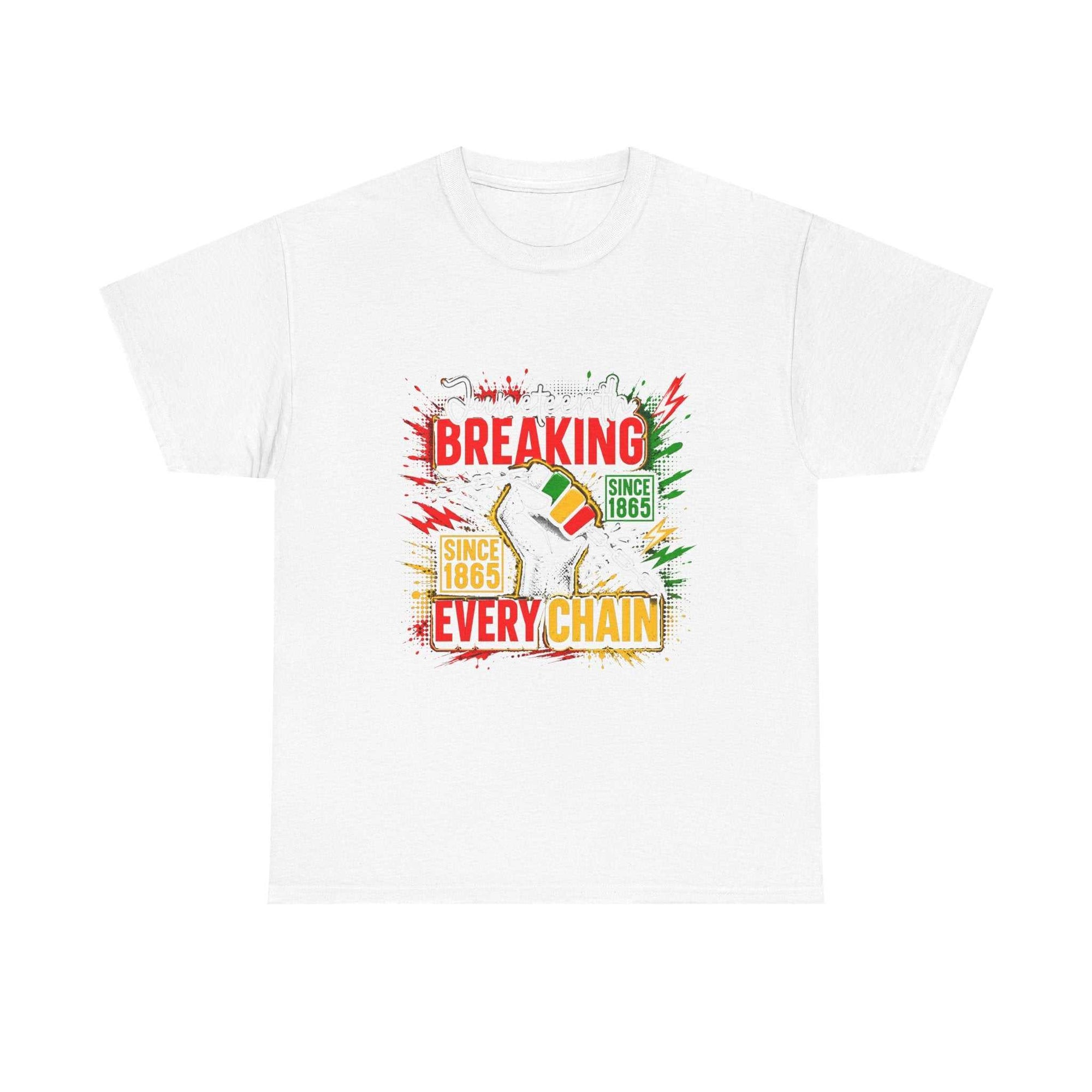 Breaking Every Chain Tee with raised fist and Pan-African colors on natural cotton shirt