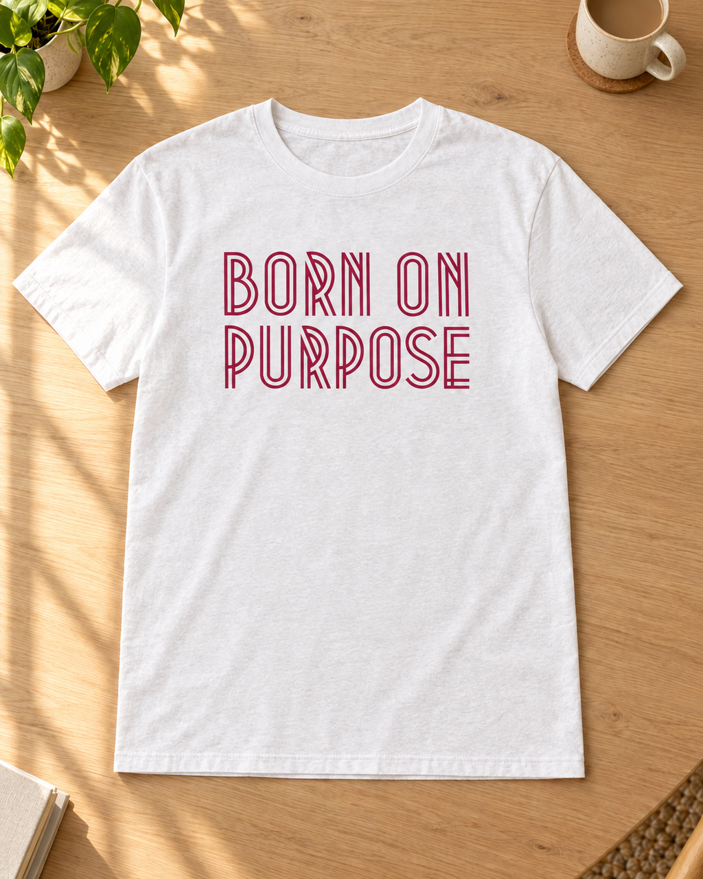 Born on Purpose Tee, white cotton crewneck with red outlined art-deco lettering across the front.