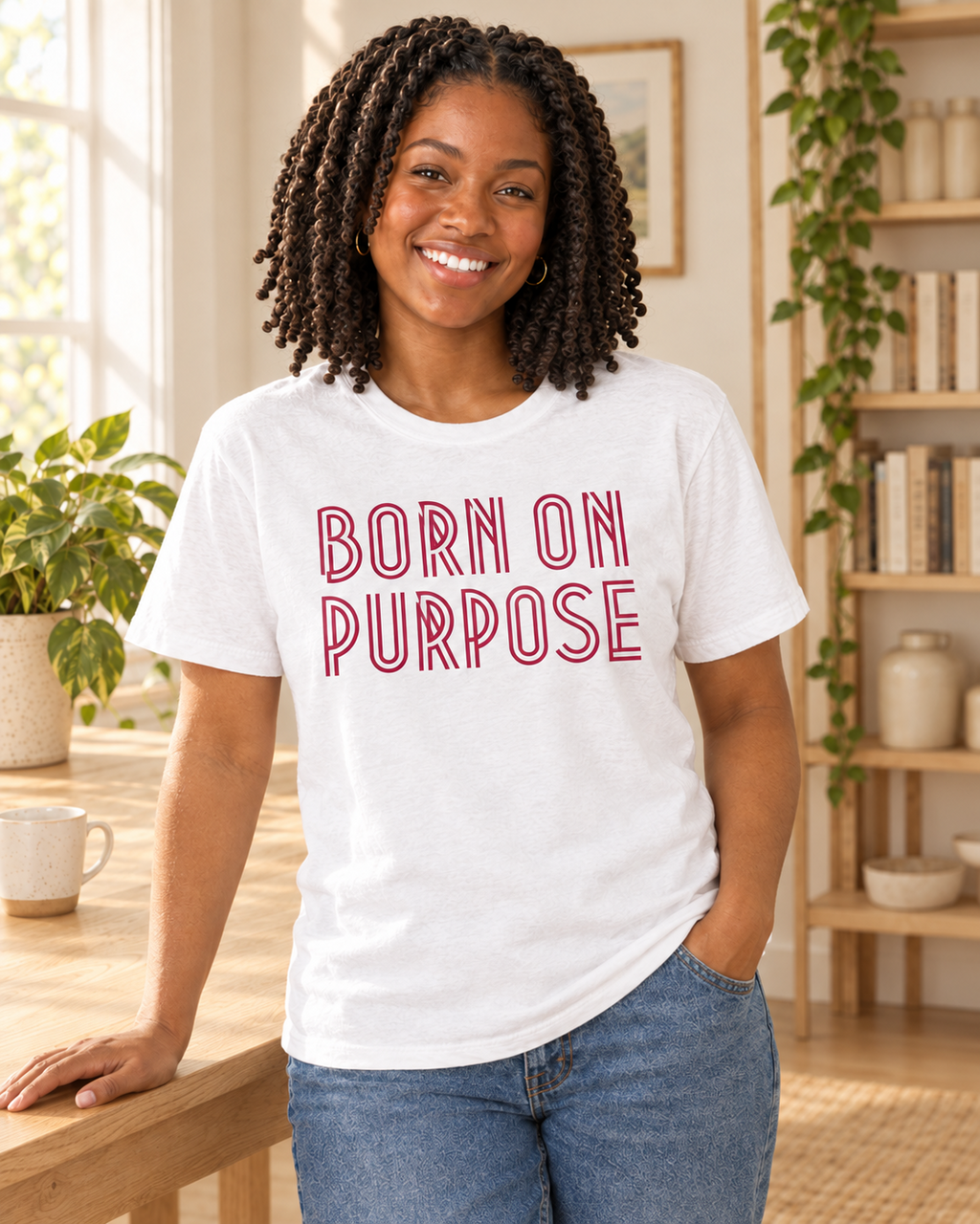 Born on Purpose Tee in white cotton with bold red outlined lettering across the front and a classic crew neck.