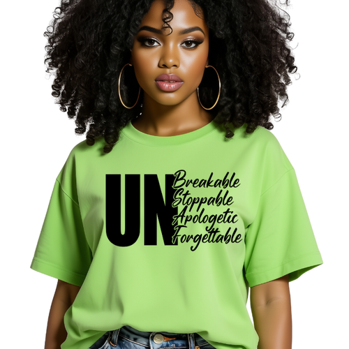 Woman wearing bold faith graphic shirt with UN-Breakable UN-Stoppable text
