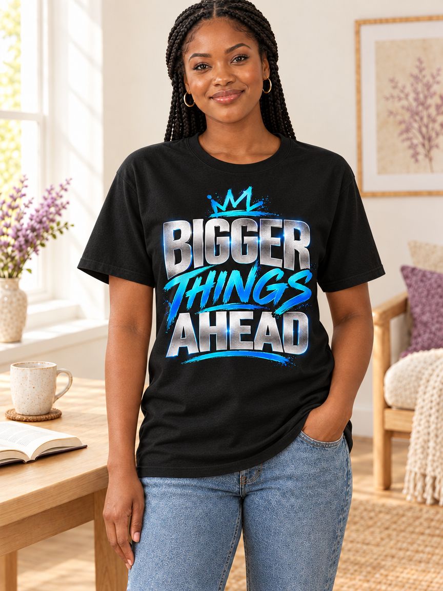 Black cotton short-sleeve graphic T-shirt with silver and blue “Bigger Things Ahead Graphic” lettering and a turquoise crown detail