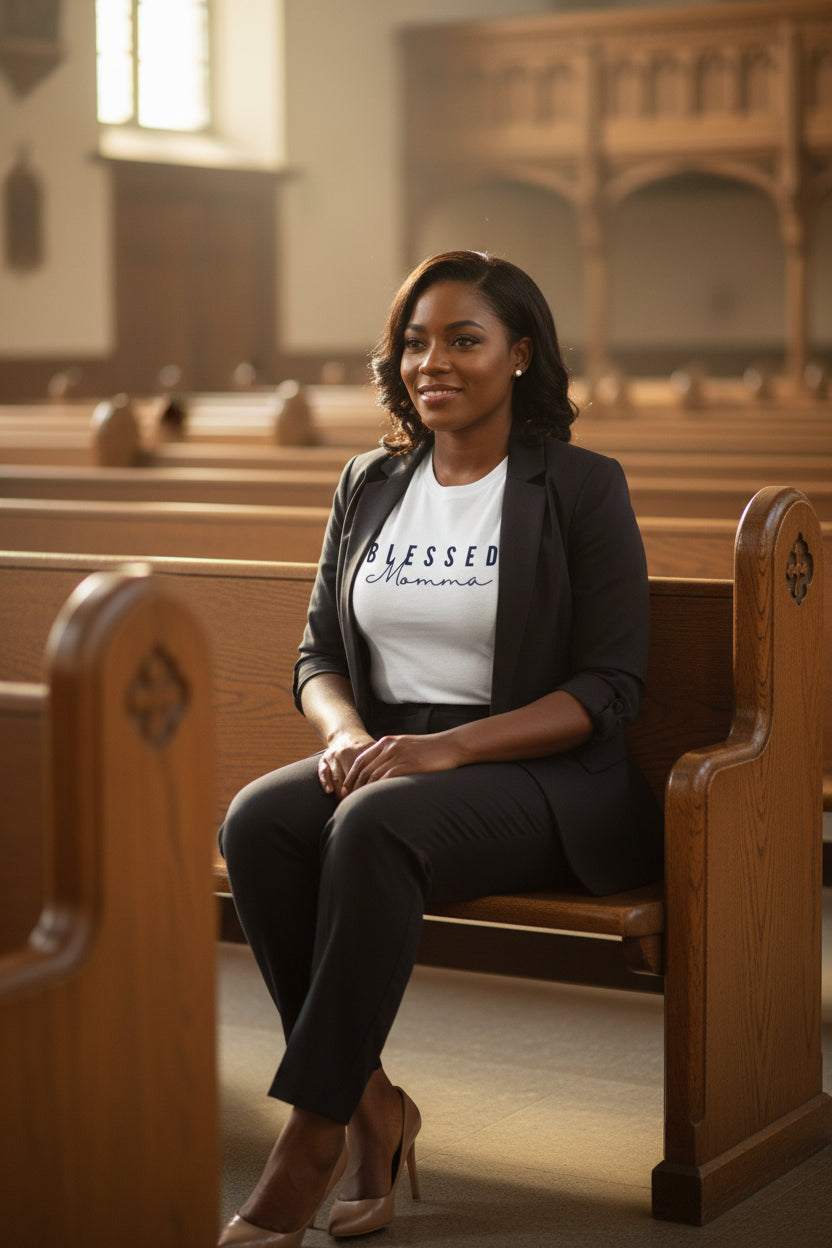 Blessed Momma Tee with faith and family message
