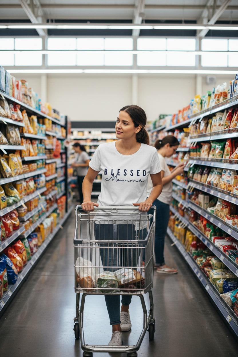 Blessed Momma Tee with faith-inspired graphic print