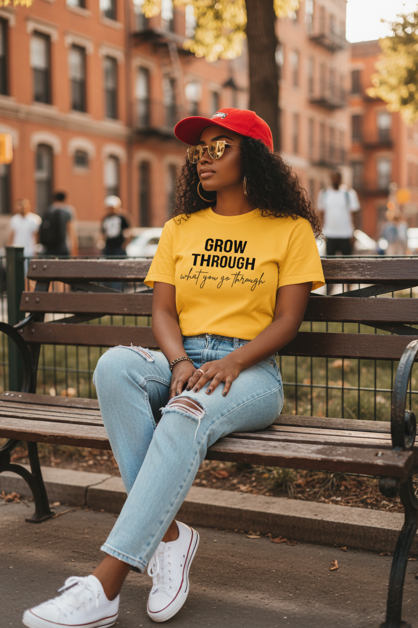 Women's faith graphic tee with "Grow Through What You Go Through" inspired by Romans 8:28, soft cotton, relaxed fit