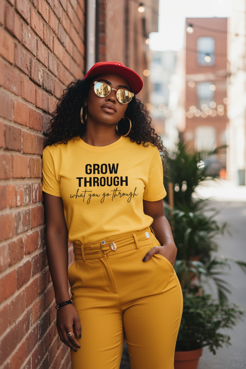 Woman wearing a faith graphic tee with "Grow Through What You Go Through" inspired by Romans 8:28, soft cotton and relaxed fit.