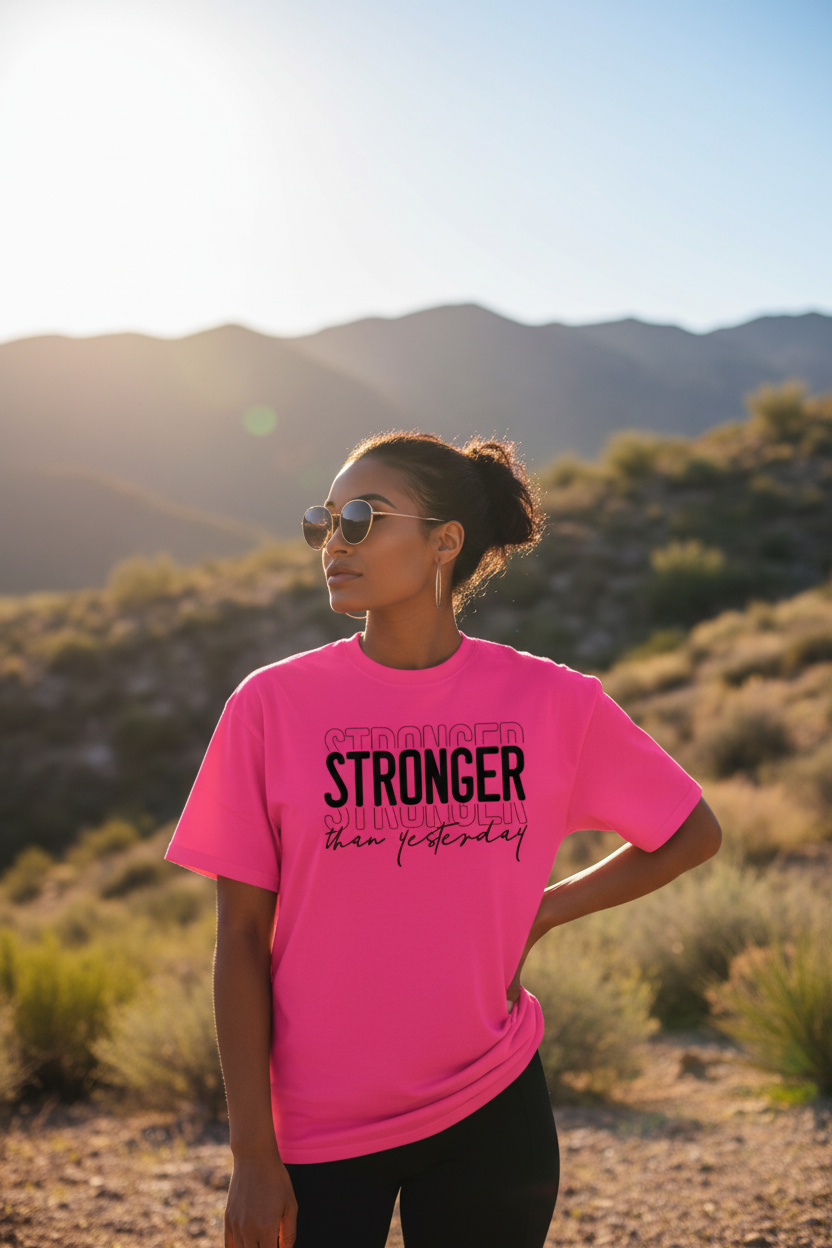 Women's Stronger Than Yesterday bold faith graphic tee with layered typography in white, oversized relaxed fit