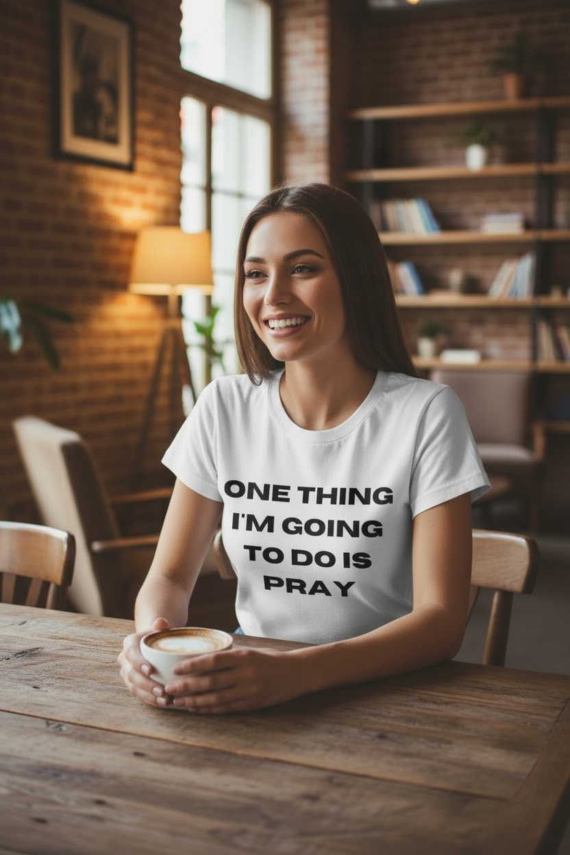 A white short-sleeve crewneck t-shirt with the text 'ONE THING I'M GOING TO DO IS PRAY' printed in bold black capital letters on the chest, displayed flat against a white background.