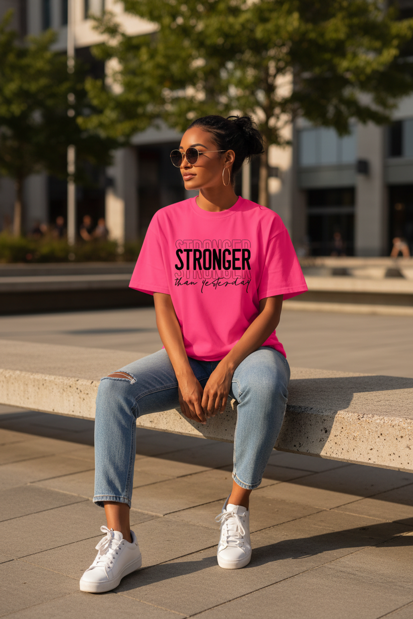 Women's Stronger Than Yesterday bold faith graphic tee with layered typography and relaxed fit in white